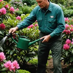 Ogrodnik podlewa kwitnące rododendrony, dbając o ich piękno. Właściwa pielęgnacja to klucz, jak uratować rododendron.