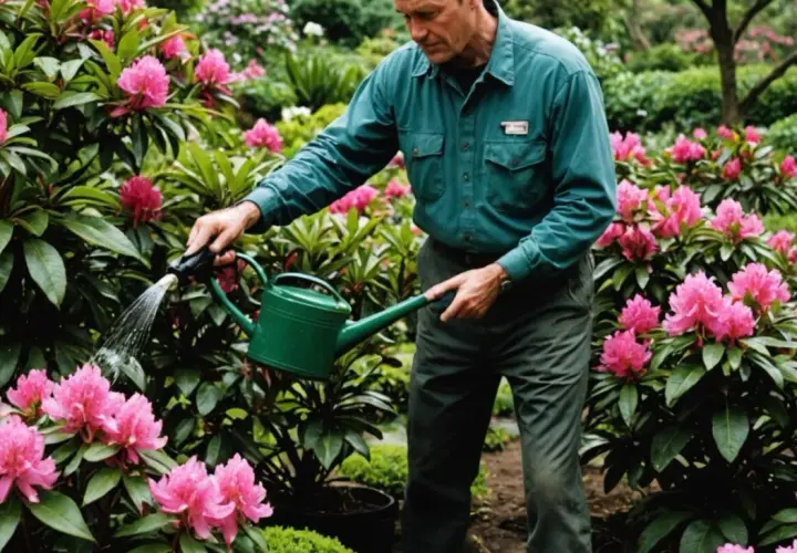 Ogrodnik podlewa kwitnące rododendrony, dbając o ich piękno. Właściwa pielęgnacja to klucz, jak uratować rododendron.