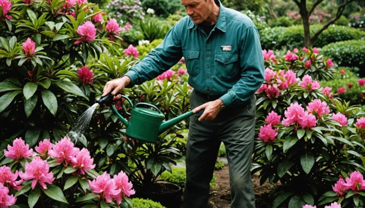 Ogrodnik podlewa kwitnące rododendrony, dbając o ich piękno. Właściwa pielęgnacja to klucz, jak uratować rododendron.