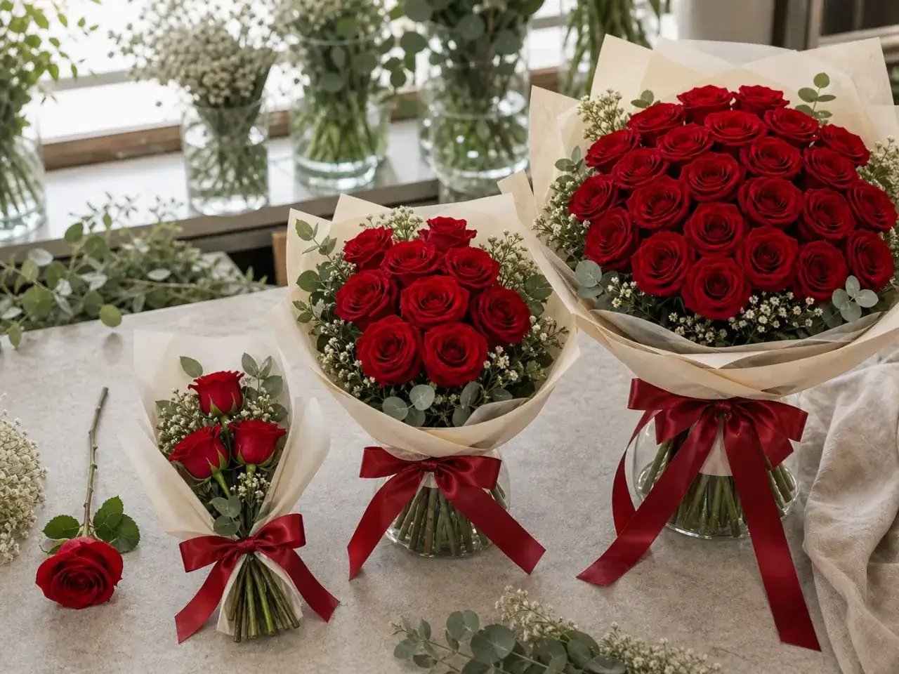 Trzy bukiety czerwonych róż, od małego do dużego. Ilość róż znaczenie ma - od symbolicznej pojedynczej, po okazałą wiązankę.