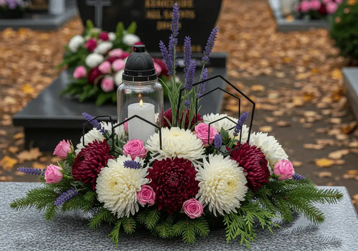 Oryginalne stroiki na Wszystkich Świętych: bukiet z chryzantem, róż, lawendy i świecy na cmentarzu.